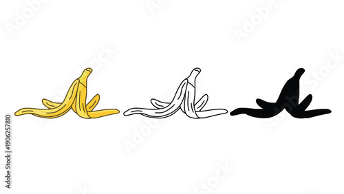 Three banana peels are shown in different styles: colored, outlined, and silhouetted.