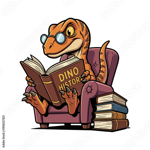 Smart Velociraptor Reading A Big Book With Glasses