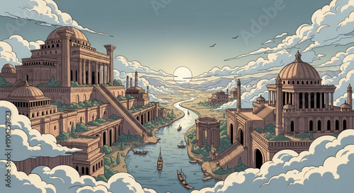Ancient cityscape with grand domed buildings and river flowing through surrounded by clouds and distant mountains serene atmosphere