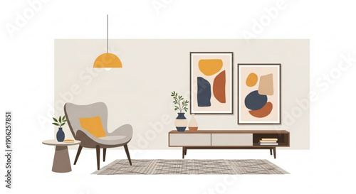 Modern minimalist living room interior with abstract art gray chair and pendant light in a cozy atmosphere with beige background