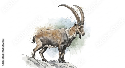 Watercolor illustration of a majestic ibex with curved horns standing on rocky terrain against a soft white background with subtle shading