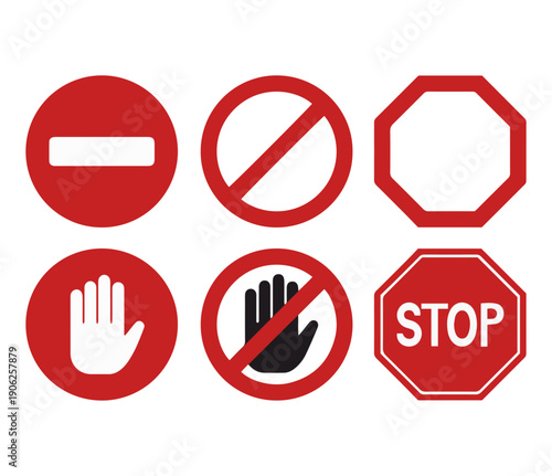 Stop and warning signs set, flat red traffic icons with hand signal and prohibited symbols for safety and road regulation vector illustration