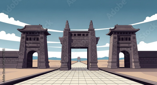 Ancient stone gate with three arches and towers standing on a tiled pathway under a blue sky with white clouds