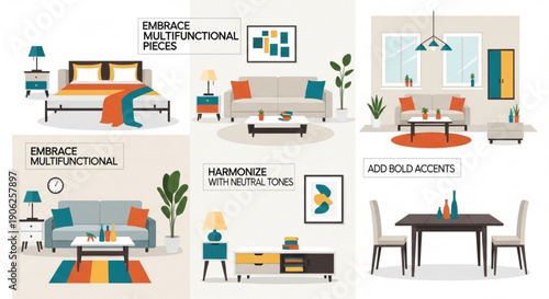 Modern home interior design elements with furniture decor and color schemes showcasing multifunctional pieces and harmonious accents