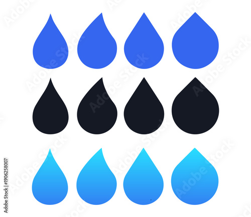 Water drops icons set, flat blue and black raindrop symbols for weather forecast nature and liquid splash vector illustration