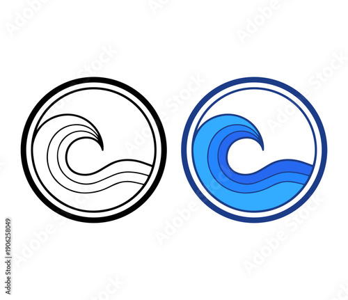 Ocean wave icons set, line and flat blue water surf symbols for nature environment and sea travel vector illustration