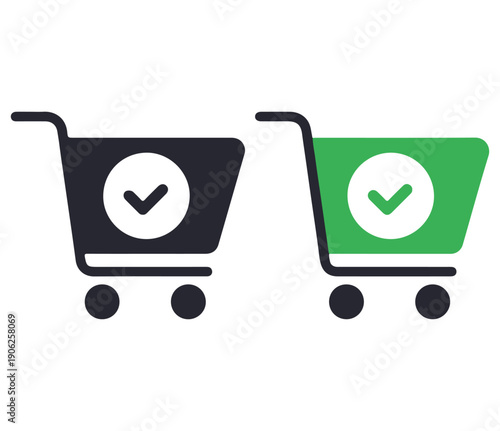 Shopping cart with check mark icons set, flat black and green trolley symbols for successful purchase order completion and ecommerce vector illustration