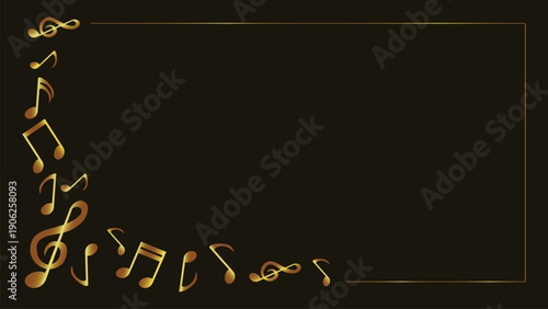 Neon music frame. Golden note border. Musical edge art. Glowing clef line. Shiny melody box. Gold stave frame. Elegant song border. Vibrant audio sign. Minimalist music. Sparkling note art.