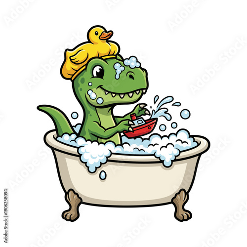 Adorable Baby Dinosaur Having A Fun Bubble Bath Illustration