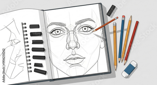 Sketchbook with detailed face drawing and art supplies including colored pencils and eraser on white background perfect for creative
