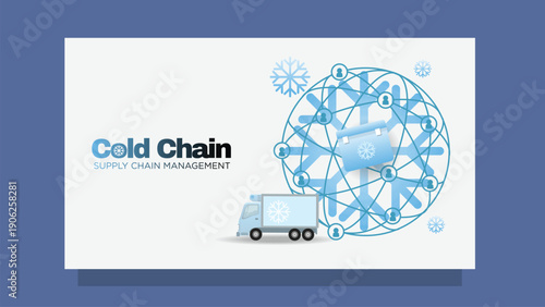 Cold Chain SCM Network Concept – Abstract Frost Connection Linking Businesses with Refrigerated Truck and Portable Cooler Box