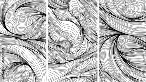 Abstract black and white swirling lines create a dynamic and flowing pattern.