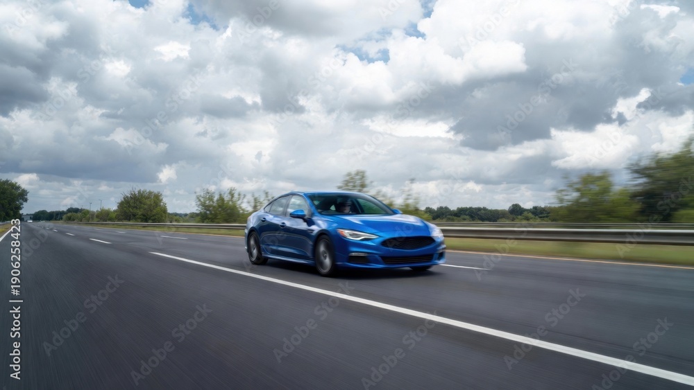 Fototapeta premium Blue sedan driving on open highway under cloudy skies.