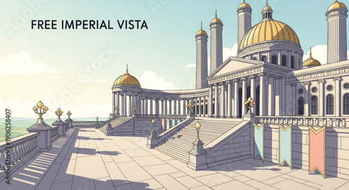 Majestic imperial palace with golden domes and columns luxurious architecture grand staircase and serene ocean view