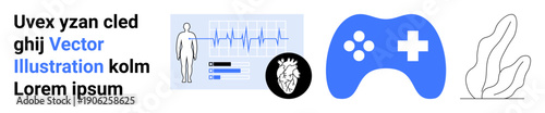 Healthcare, gamification, modern interfaces, data management, technology, lifestyle. Cardiac monitor, game controller and abstract plant design. Healthcare and gamification concept