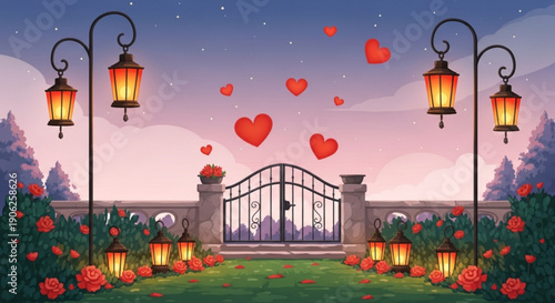 Romantic garden gate with black metal archway lanterns and floating red hearts under a starry night sky with roses and greenery