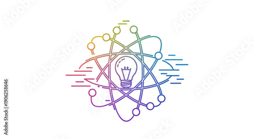 Vibrant gradient atomic structure with light bulb representing scientific innovation and