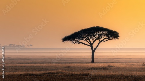 Lone Tree Silhouette Against Warm Sunrise in African Savanna Landscape with Golden Hues and Distant Horizon Under Soft Light