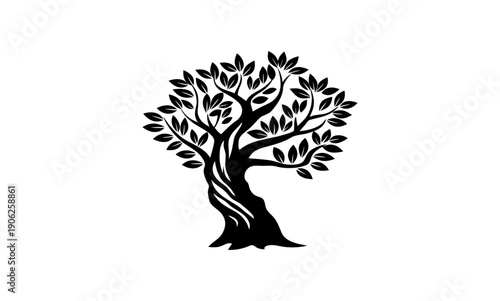 Black and White Tree Silhouette Illustration - Minimalist Olive or Oak Tree Vector Design