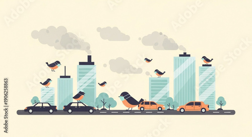 Polluted cityscape with industrial buildings emitting smoke and cars on road with flying gadgets