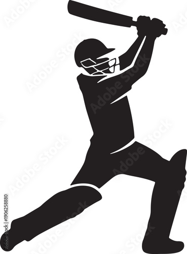 Cricket player batting silhouette wearing helmet and pads on checkered background