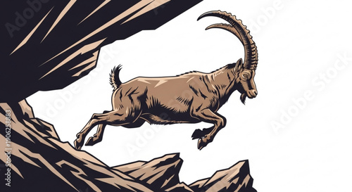 Brown goat with curved horns jumping between rocky cliffs in a dynamic illustration with bold lines and contrasting shadows
