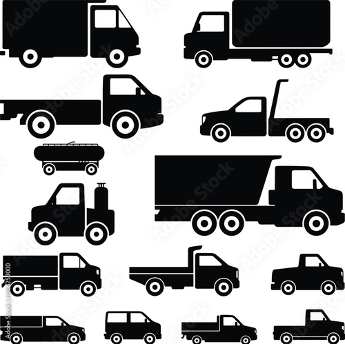 Commercial truck silhouette collection featuring cargo vans, pickup trucks, tow trucks and heavy transport vehicles isolated for logistics and transportation design