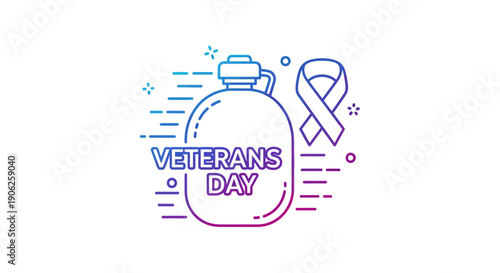 Vibrant gradient line art illustration for Veterans Day honoring military service with canteen and
