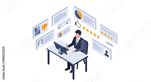 Businessman Analyzing Data on Computer with Multiple Screens.