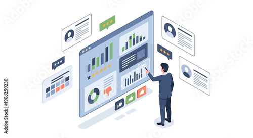 Businessman analyzing data on a large interactive screen with charts and graphs.