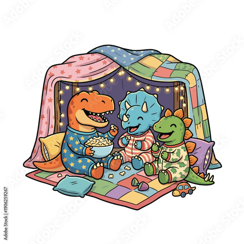 Cozy Baby Dinosaur Sleepover Party In Blanket Fort Illustration