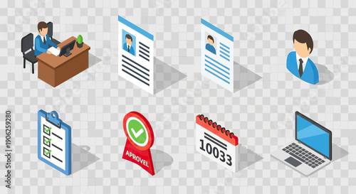 Isometric Business and Recruitment Icons Set for Job Search and Employment.