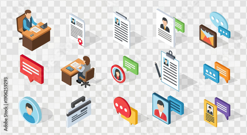 Isometric Business and Communication Icons for Digital Marketing and Office Work.