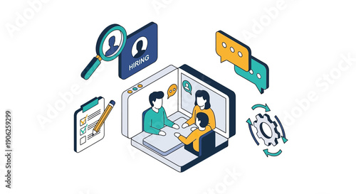 Isometric illustration of a job interview and recruitment process with magnifying glass and resume.