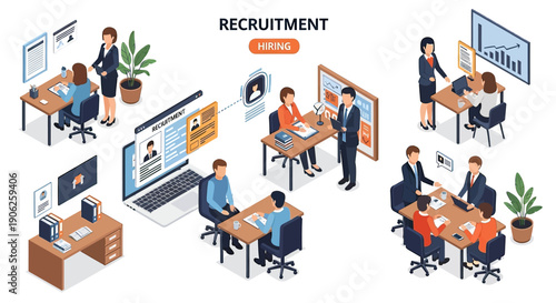 Isometric recruitment process with candidates and HR managers in various office settings.