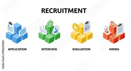 Recruitment process stages from application to hiring isometric illustration.