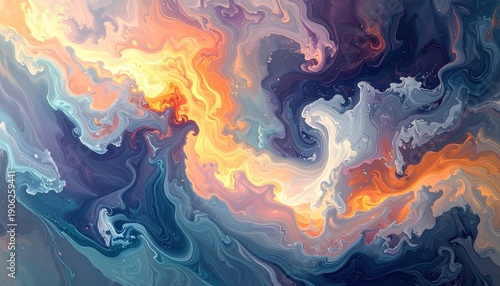 Abstract swirling painting, blending firey orange, blue, and white; reminiscent of cosmic nebula