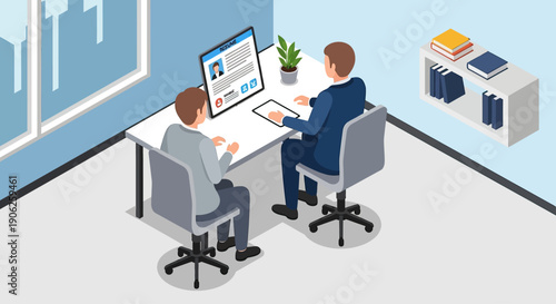 Two businessmen having a meeting at an office desk with a computer.