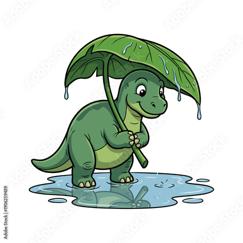 Cute Baby Brachiosaurus Holding Leaf Umbrella