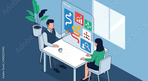 Two people having a business meeting with a transparent interactive screen.