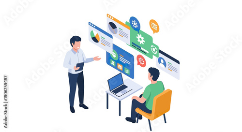 Two men discussing digital marketing strategies with various online elements.