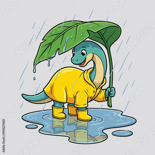 Cute Baby Brachiosaurus Wearing Raincoat Holding Leaf Umbrella