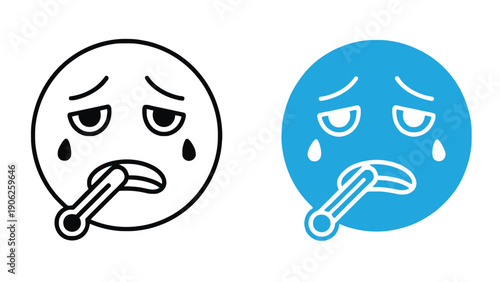 Two sick smiley faces with thermometers in their mouths and tears