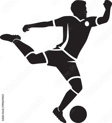 Soccer player kicking ball isolated black silhouette with white outline on transparent background