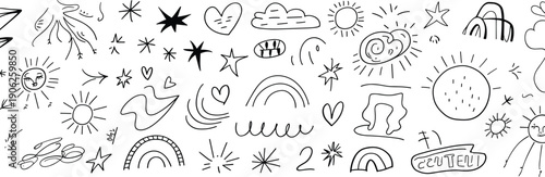 Black and white doodle of celestial and symbols celestial symbols stars hearts