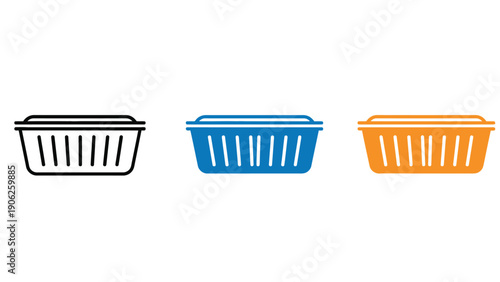 Shopping basket icons in black, blue, and orange colors for e-commerce