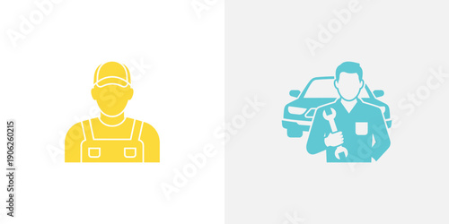 Yellow worker and blue mechanic with car vehicle tool