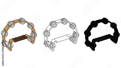 Three different styles of a tambourine are displayed side by side.