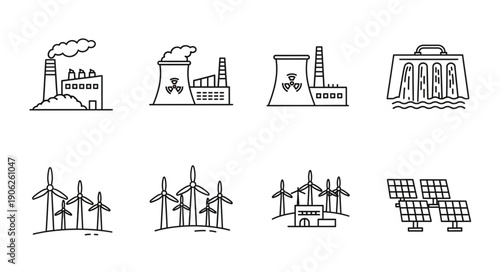 Collection of hand drawn industrial and energy production icons.