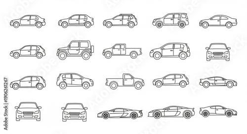 Collection of hand drawn car sketches in black and white.